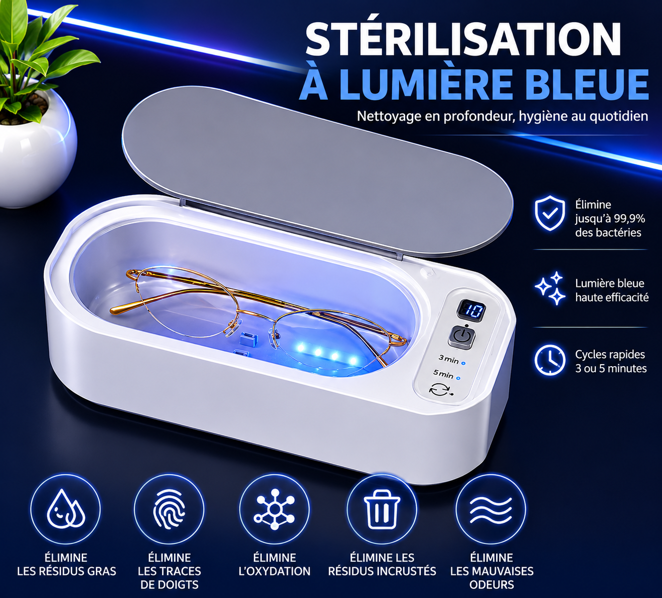 CrystalWave UV™ – Nettoyeur à Ultrasons 45 kHz pour Lunettes, Bijoux et Accessoires