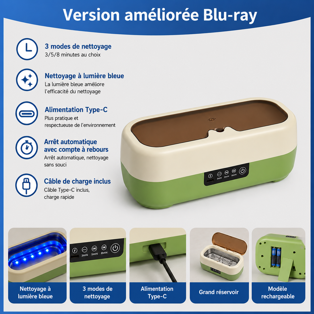 CleanWave Pro™ – Nettoyeur à Ultrasons Grande Capacité pour Lunettes, Bijoux et Accessoires
