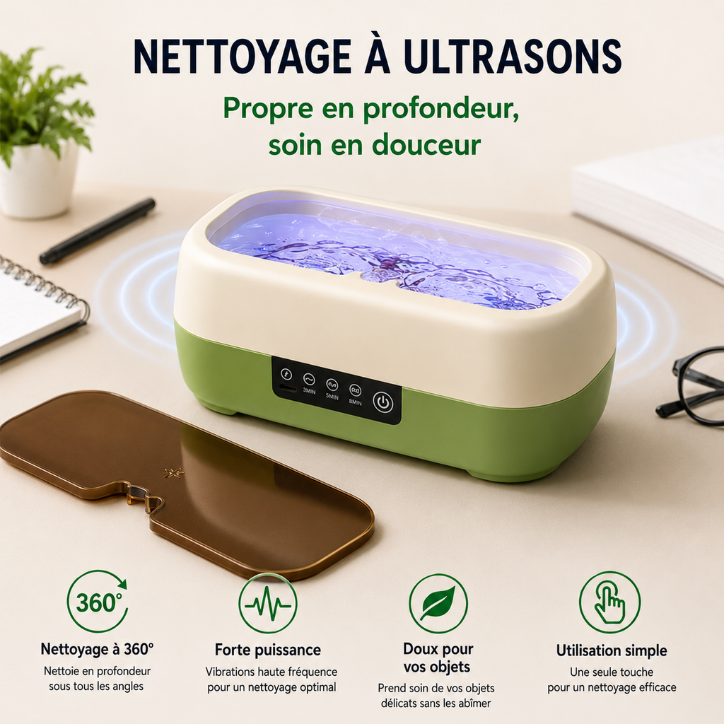 CleanWave Pro™ – Nettoyeur à Ultrasons Grande Capacité pour Lunettes, Bijoux et Accessoires